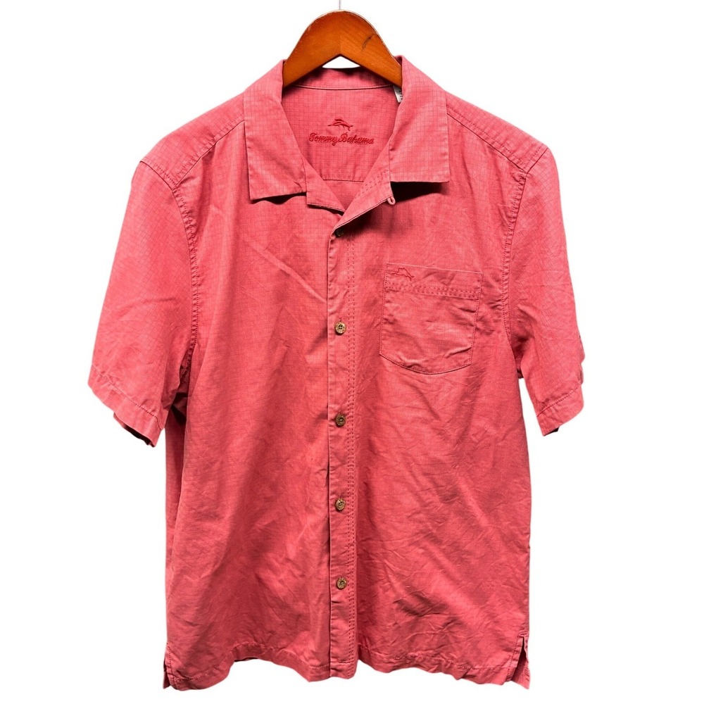 Tommy Bahama Camp Button Up Shirt Mens L Coral Pink Embroidered Resortwear
